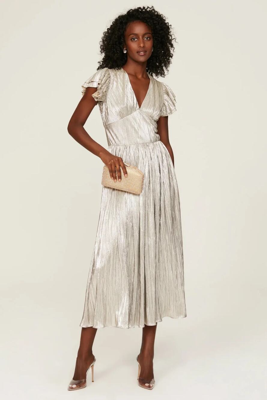 Shoshanna Hera Plisse Metallic Pleated Short Sleeve V-Neck Maxi Dress Size 6